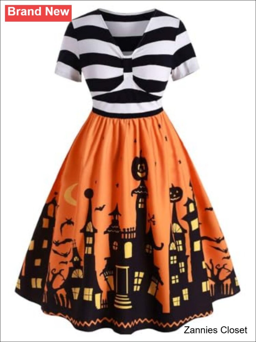👻 Plus Size Pumpkin Halloween Costume Dress Striped Bodice 3D Castle Print